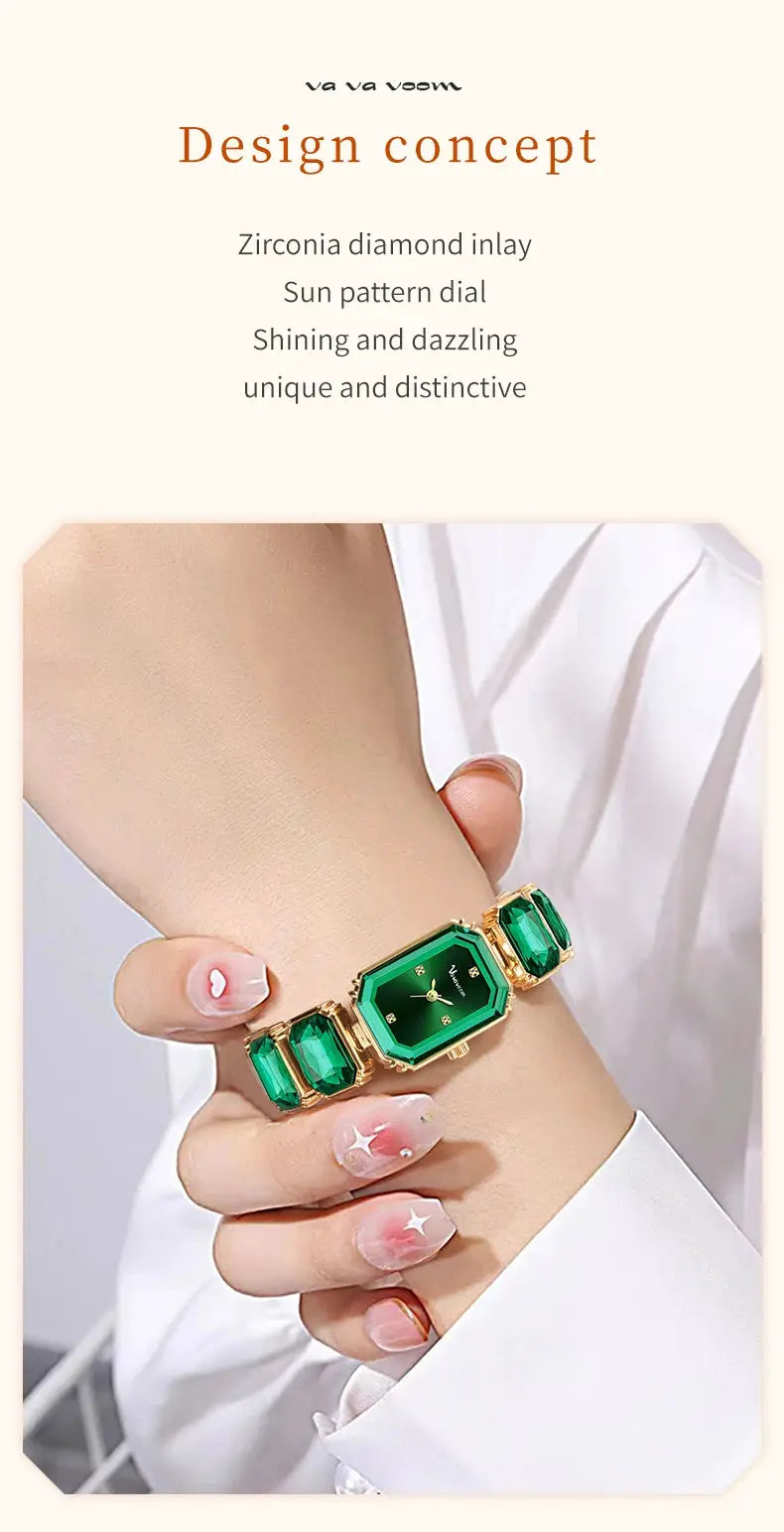 Women square watch by Simples Market, emerald-green stones on a gold-tone stainless steel bracelet with quartz movement