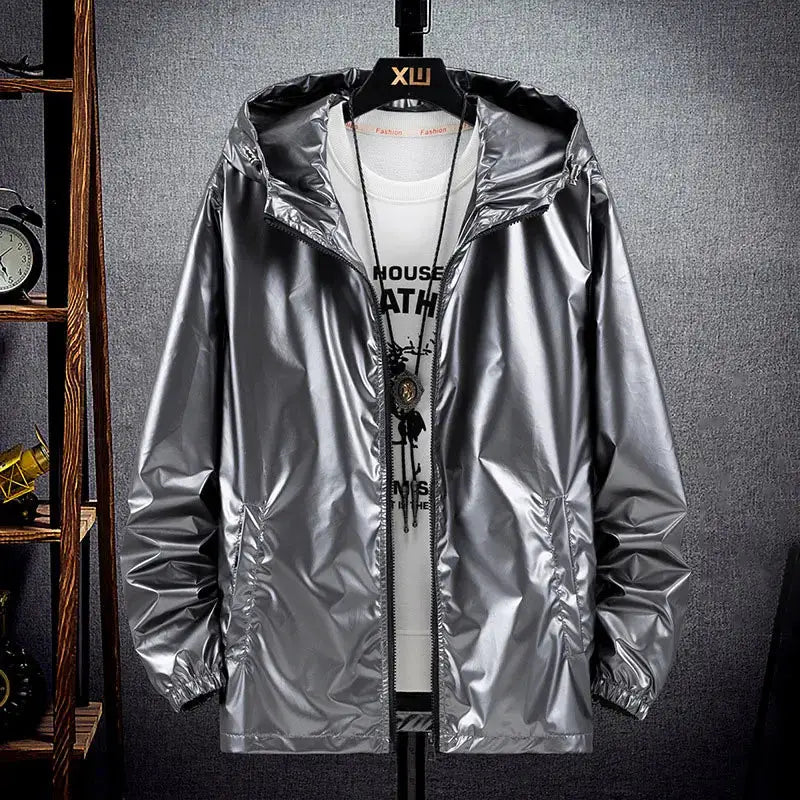 Men's shiny silver hooded bomber jacket with zipper, waterproof windbreaker
