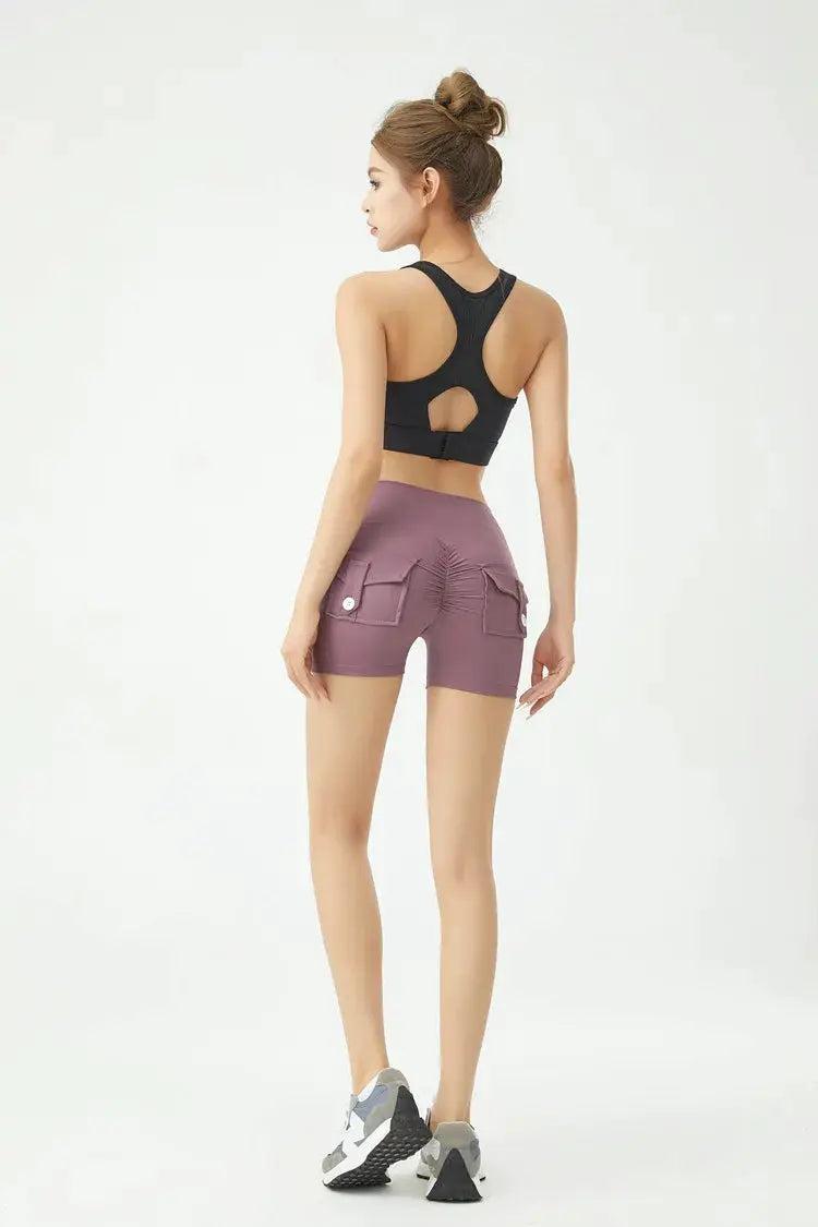 Peach Butt Fitness Shorts for women in mauve purple with cargo pockets and athletic fit