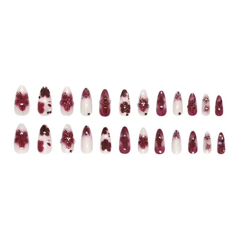 Spicy Girl Flower Print Press On Nails 24Pcs Wine Red Blush Almond Wearable Reusable False Nail Tips For Summer