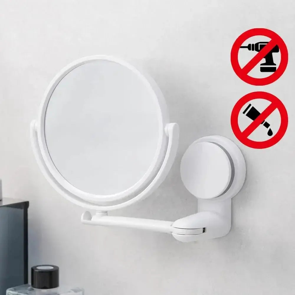 Simples Market rotating plastic folding vacuum suction round bath vanity mirror, no-drill wall-mount, white.