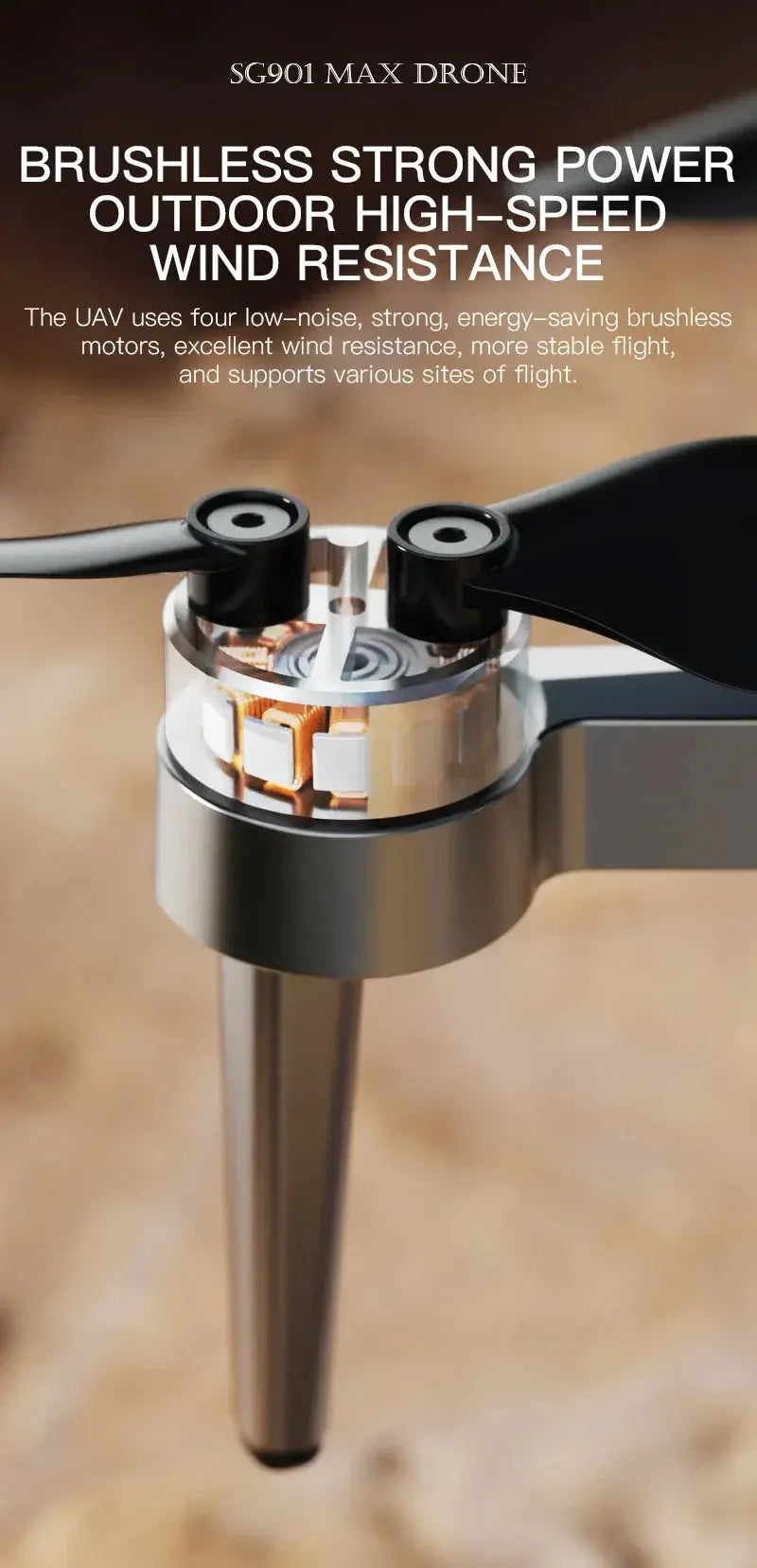 SG901 MAX drone brushless motor hub close-up with black propeller and metallic components