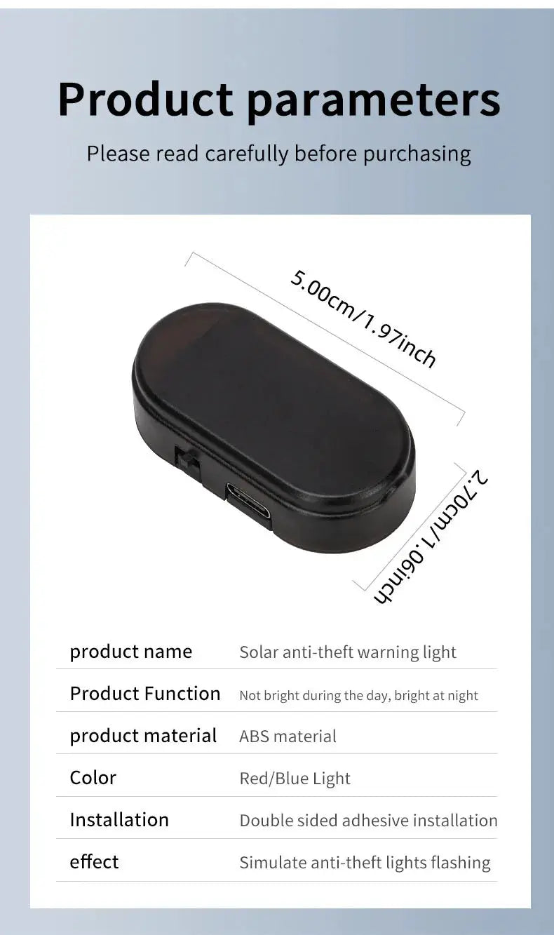 Simples Market solar anti-theft warning light in black ABS housing, 5 cm long