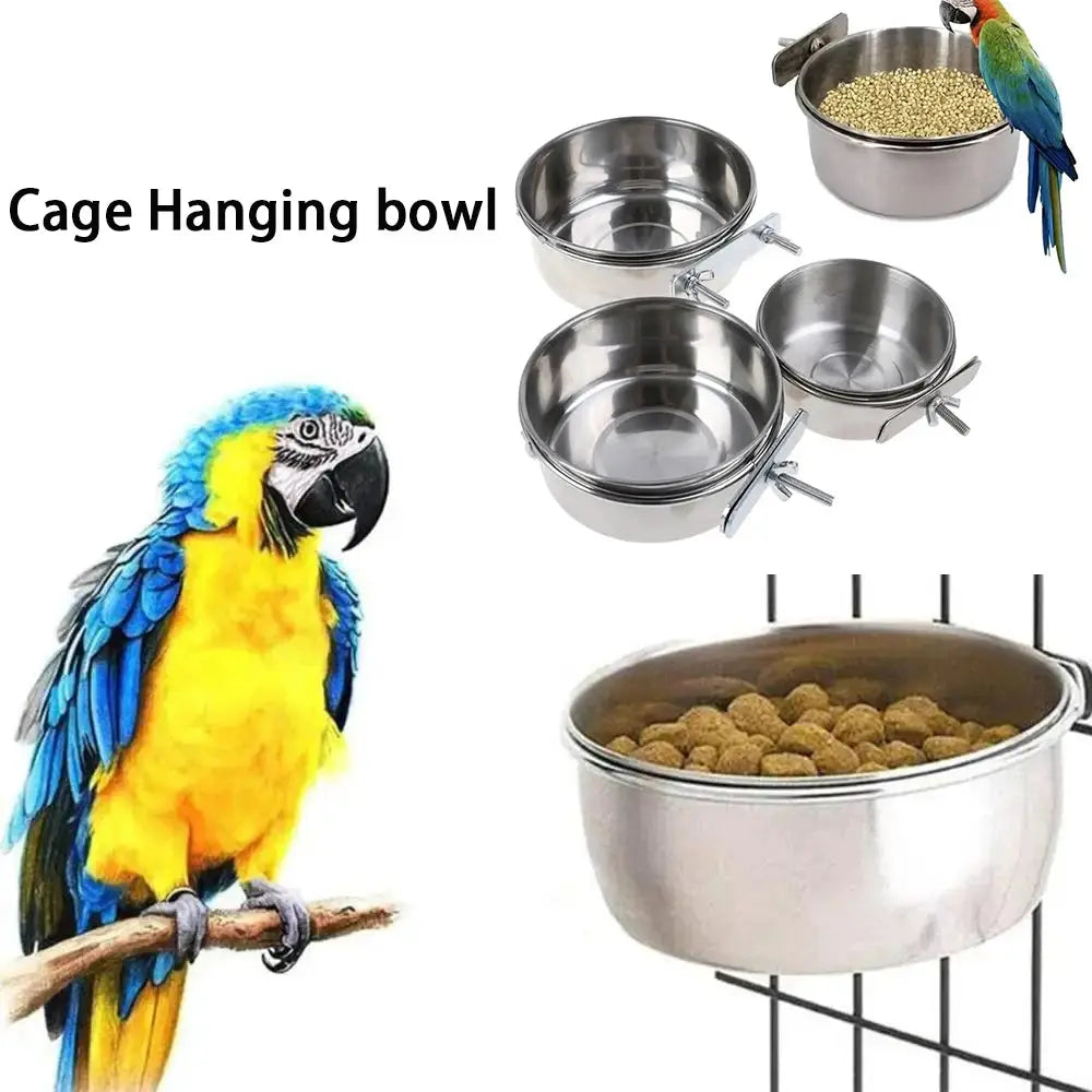 Stainless Steel Clamp On Parrot Rabbit Hamster Pet Bowl Water Feeder Cage Cup Hanging Dish