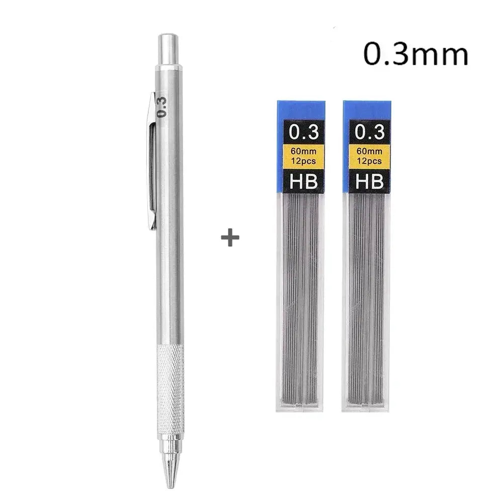 Metal mechanical pencil with knurled grip and two packs of 0.3mm HB lead refills