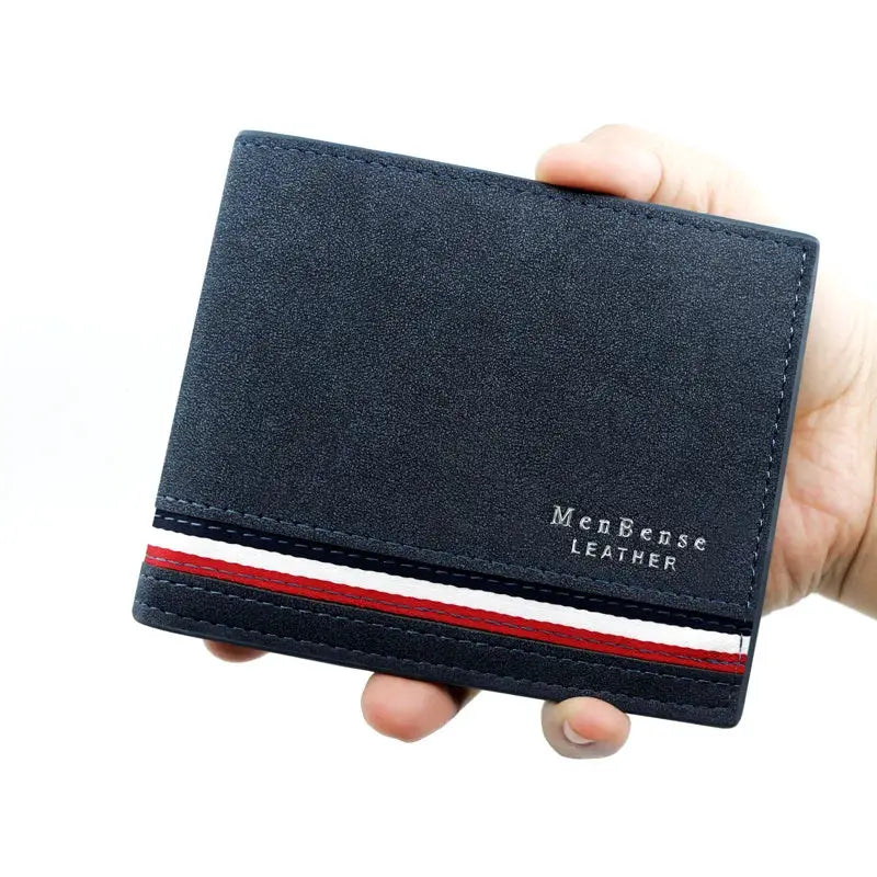Men's navy PU leather wallet with red-white-navy stripe and MenBense Leather logo