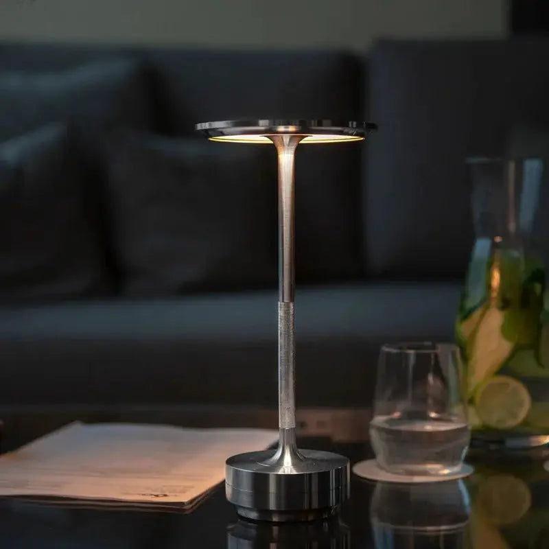 Simples Market wireless decorative table lamp, brushed metal finish, rechargeable touch desk lamp.