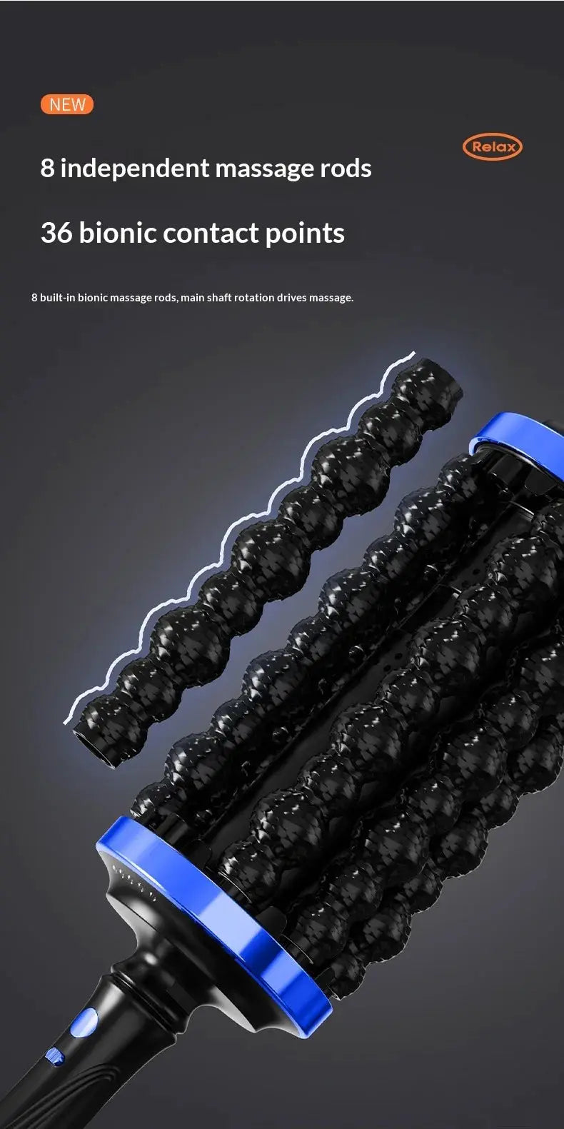 Rechargeable rolling percussive massager with 72 massage points, handheld black roller with blue ring, Relax logo visible