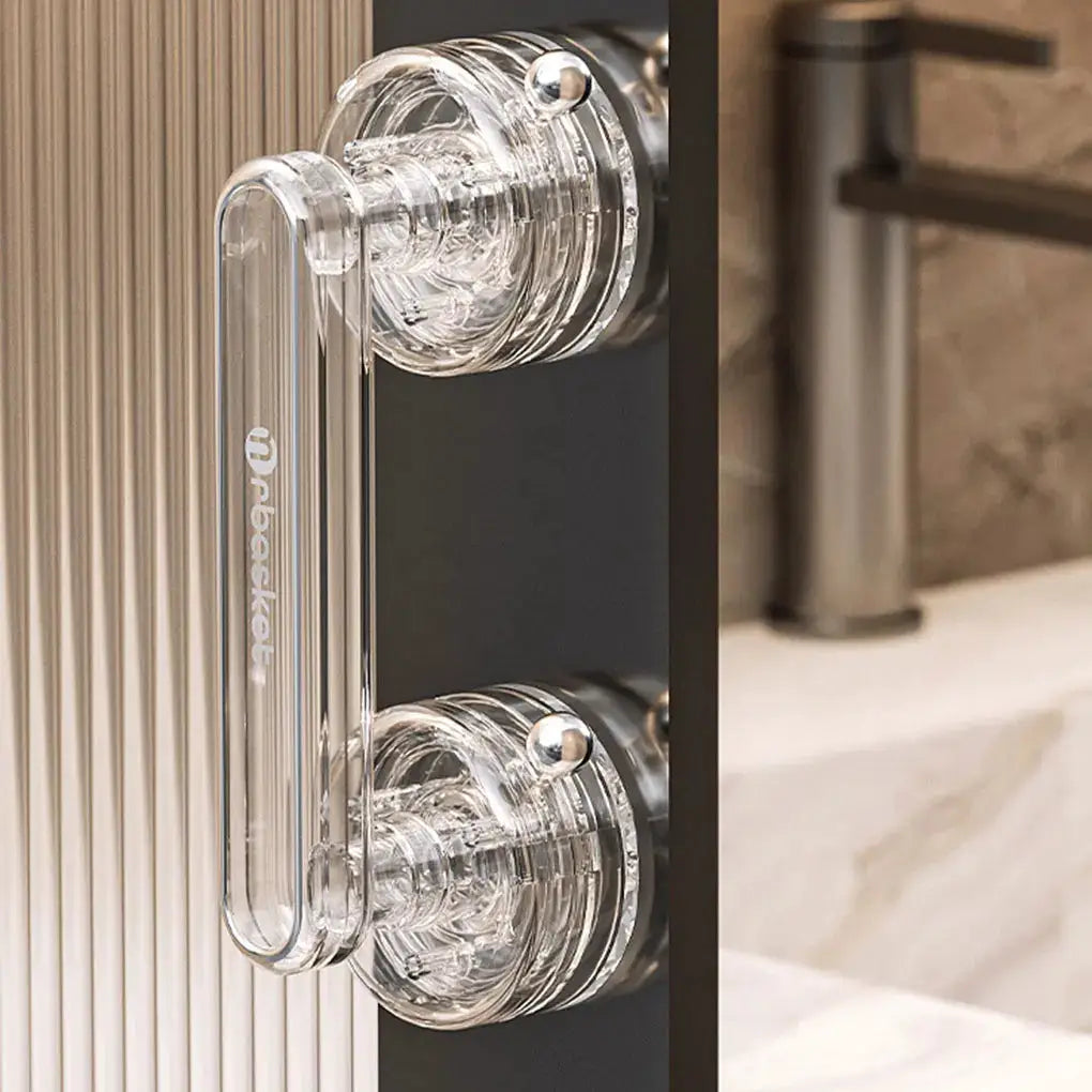 Transparent suction-cup bathroom handrail handle by Simples Market with dual clear cups on door