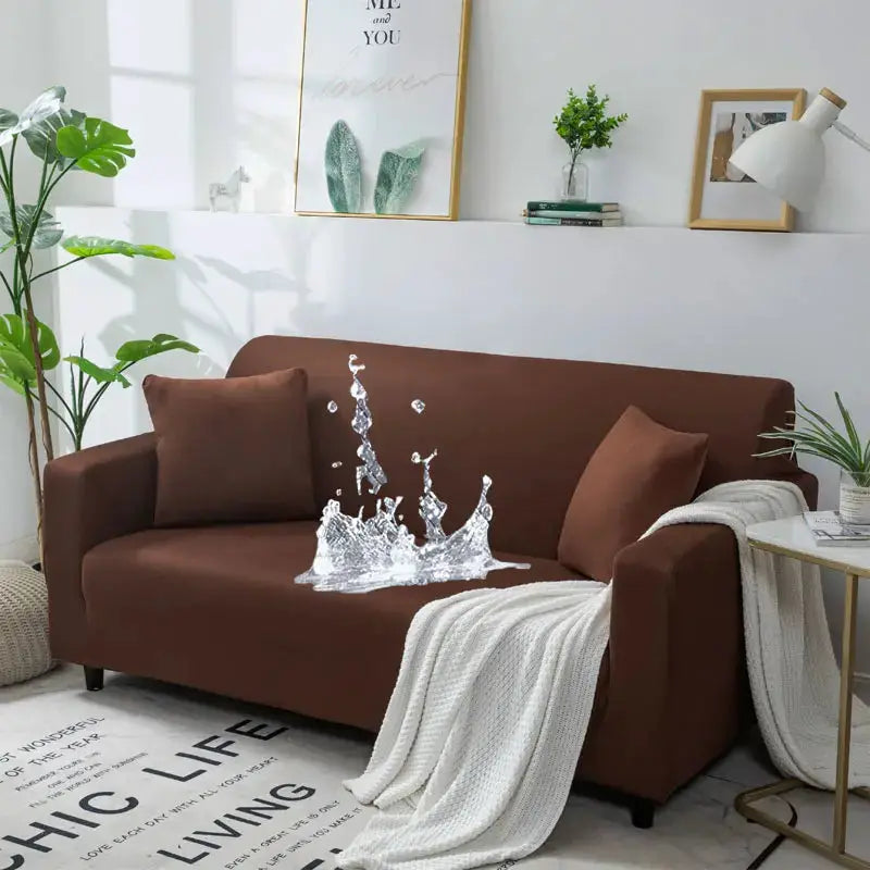 Waterproof sofa cover for 1–4 seat L-shaped brown couch in stretch fabric
