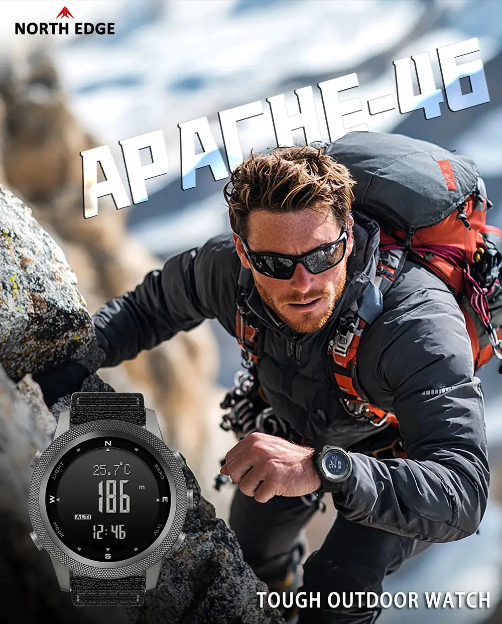 North Edge Apache-46 men's digital outdoor watch with altimeter, barometer and compass on rugged black strap; 2 watches