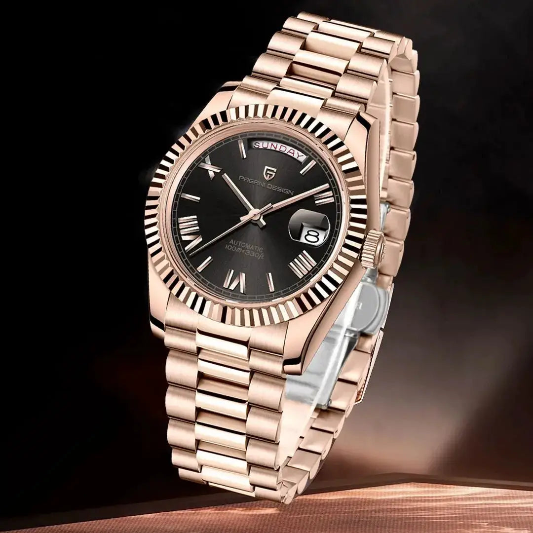 PAGANI DESIGN DD36 rose-gold tone men's automatic watch with black dial, day-date window, sapphire glass