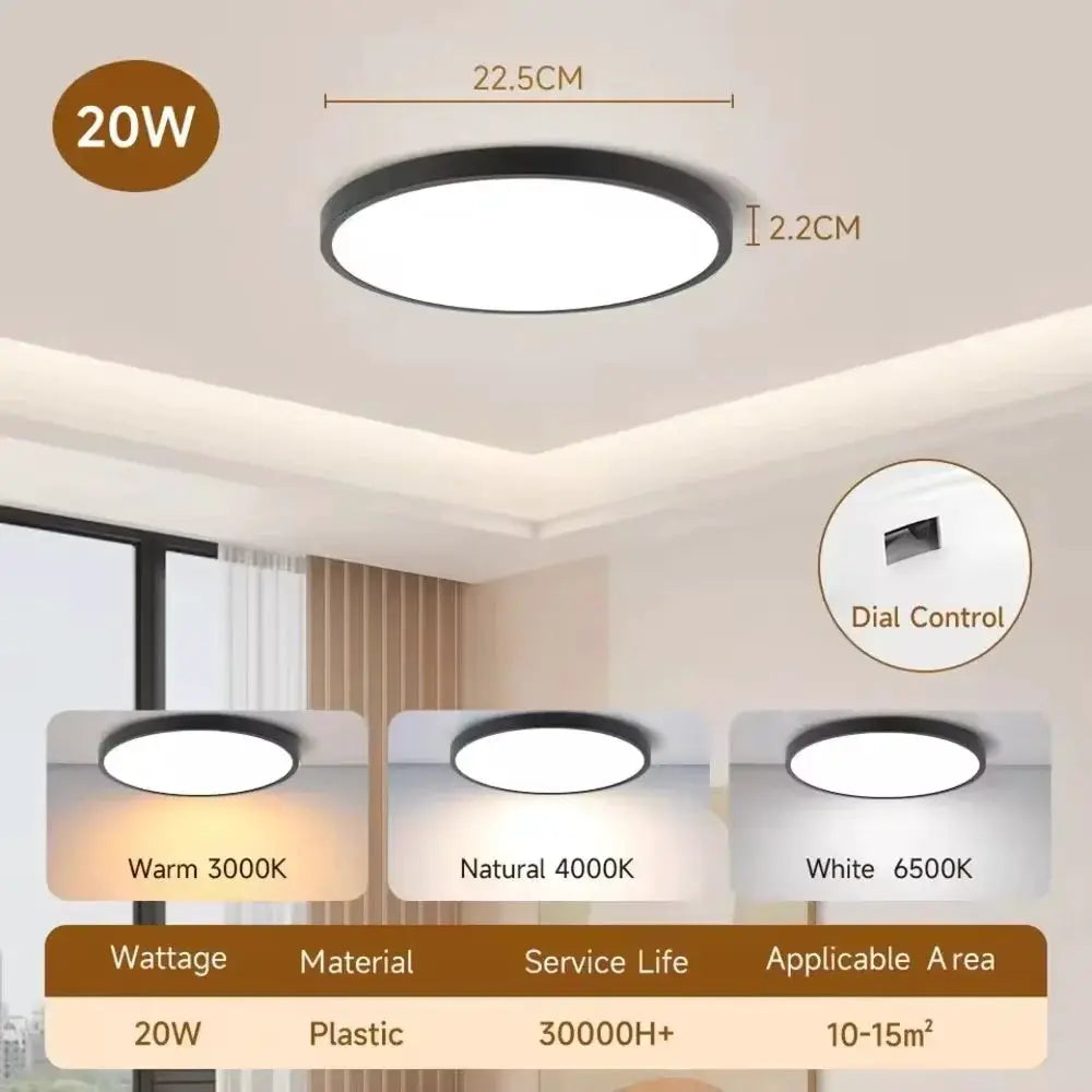 Simples Market round LED ceiling lamp, 20W, white panel, 22.5cm diameter, ultra-thin 2.2cm with dial control