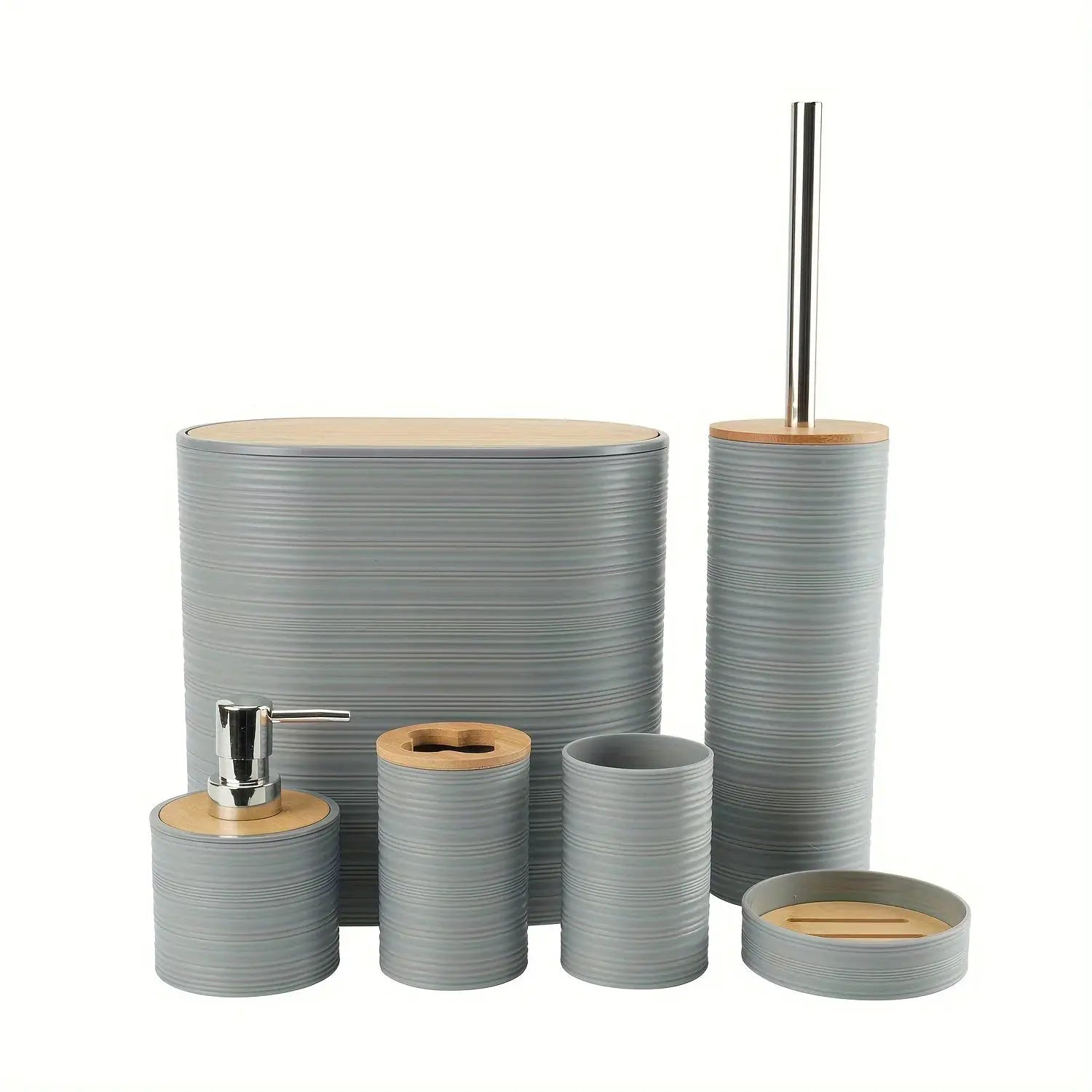 6-piece gray ribbed bathroom accessory set with wooden lids for countertop vanity