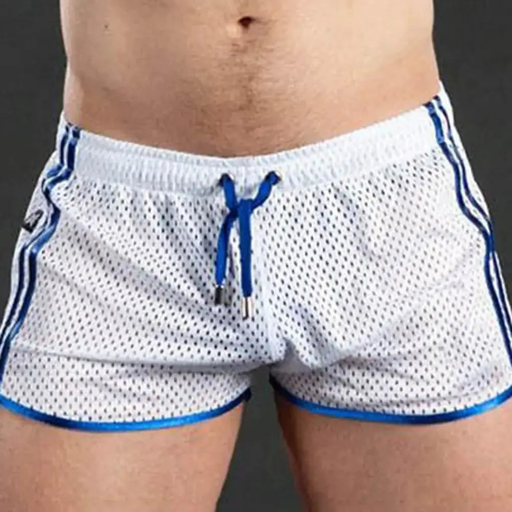 Summer Men Sport Shorts white mesh quick-dry with blue drawstring Simples Market