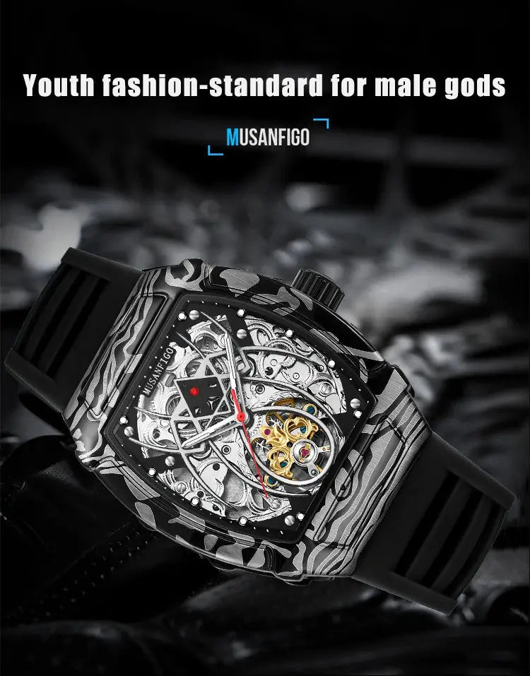 MUSANFIGO men's barrel-shaped skeleton automatic watch with camouflage-pattern case, luminous dial, waterproof