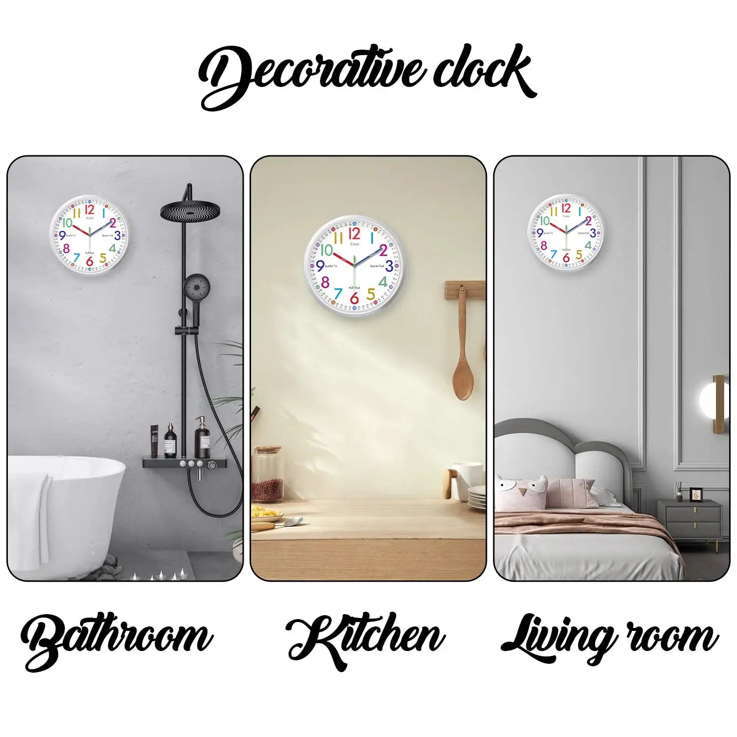 8-inch minimalist plastic glass wall clock with rainbow numerals; set of three for bathroom, kitchen and living room.