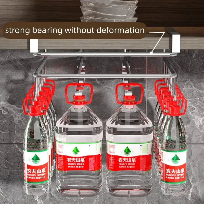Stainless steel hanging kitchen rack with hooks for paper towels and utensils; holds 5 bottles, Simples Market
