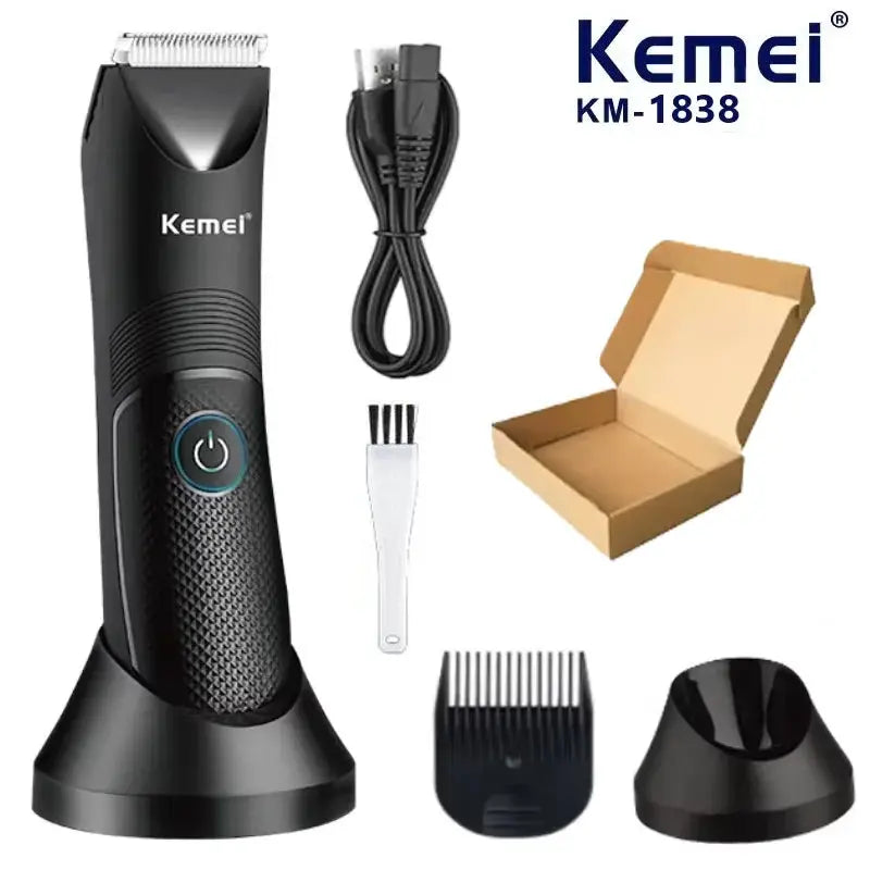 Kemei KM-1838 groin area hair trimmer with ceramic blade; cordless with attachments and charging dock