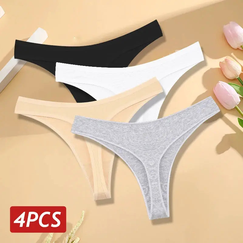 Cotton seamless low-rise thong panties, 4-piece set in black, white, beige, gray