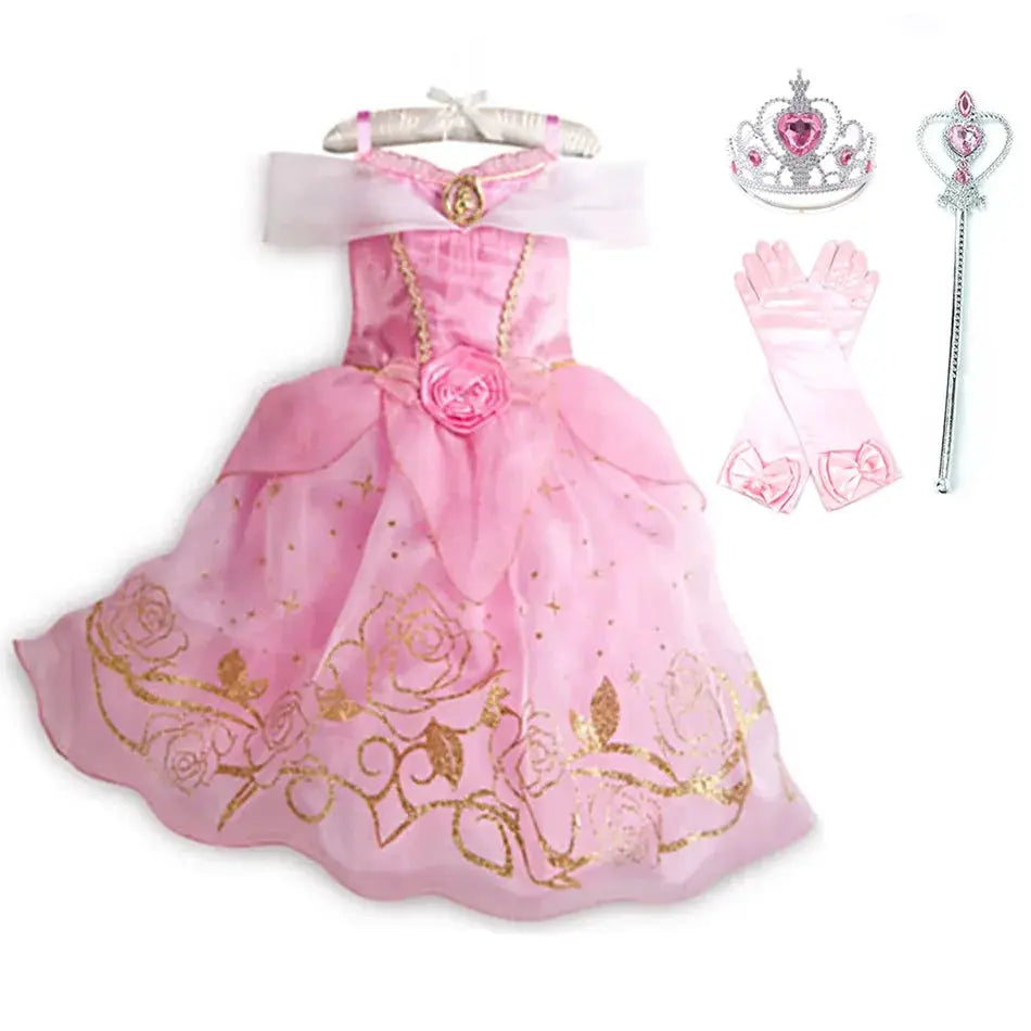 Kids Princess Costume Party Dress With Floral Pattern And Appliques Inspired By Rapunzel And Belle