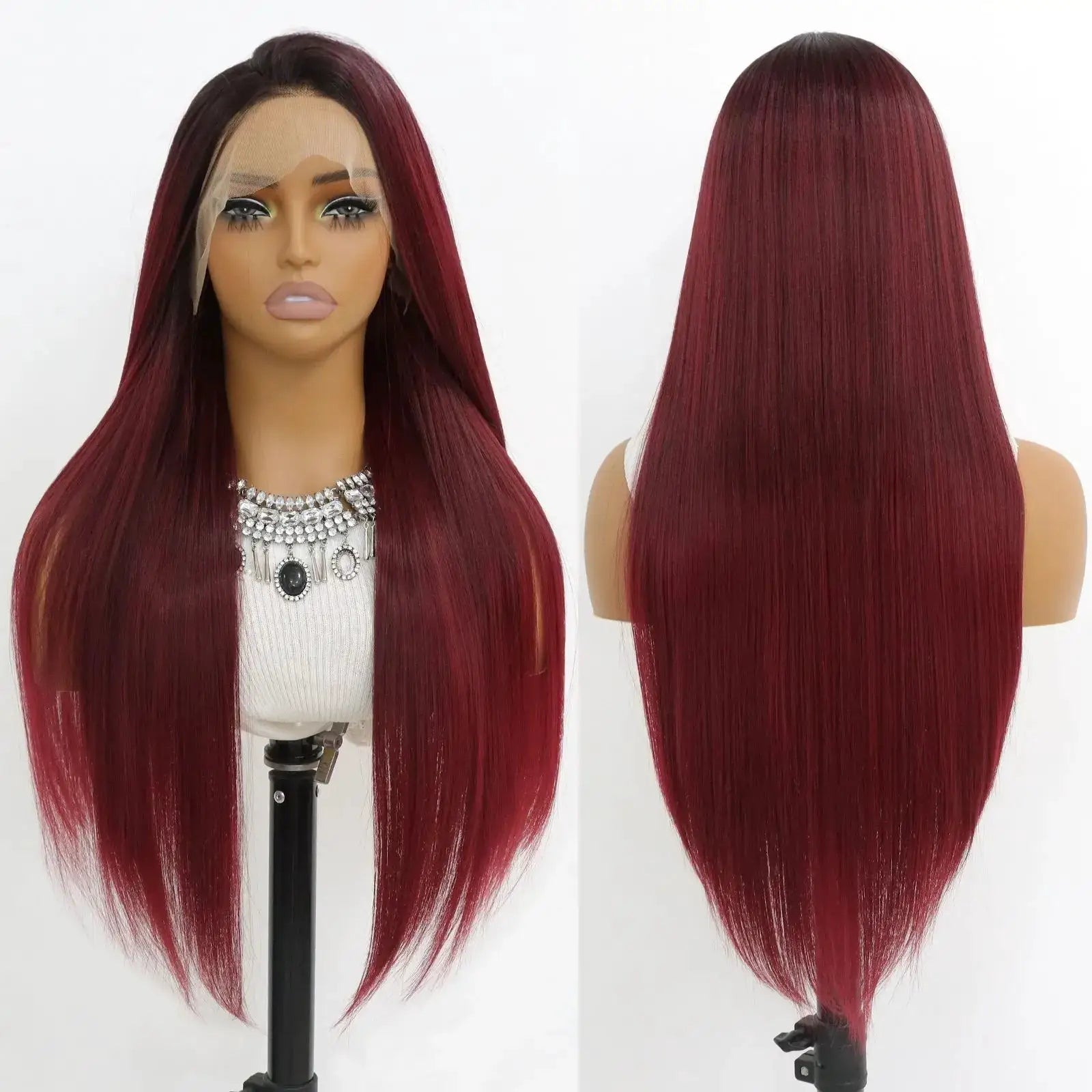 Ombre Burgundy Lace Front Wigs Long Straight 24 Inch 13x4 Synthetic Wine Red For Women