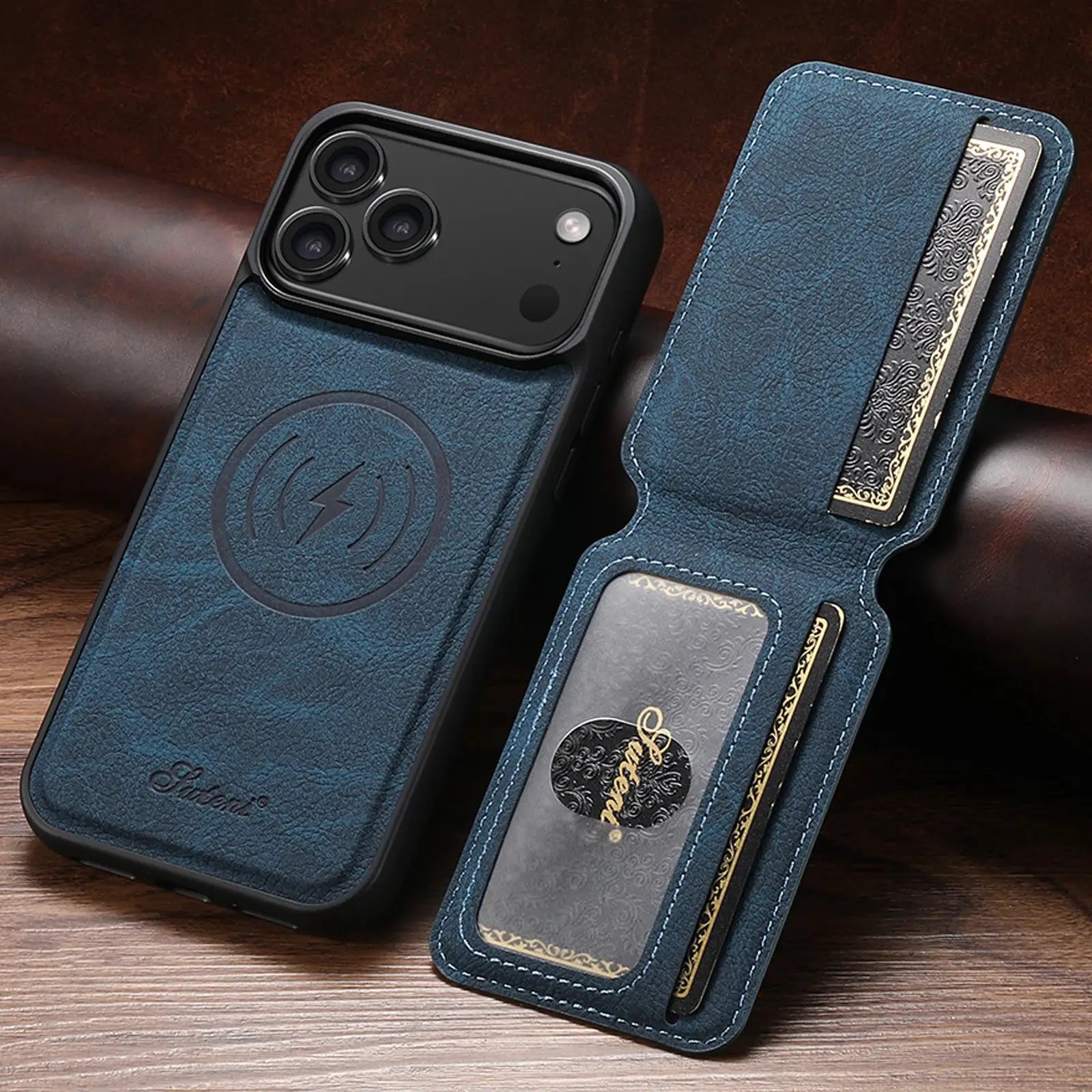 SUTENI Wireless Charging Case With Magnetic Card Holder Stand For iPhone 12 Through 17 Pro Max PU Leather