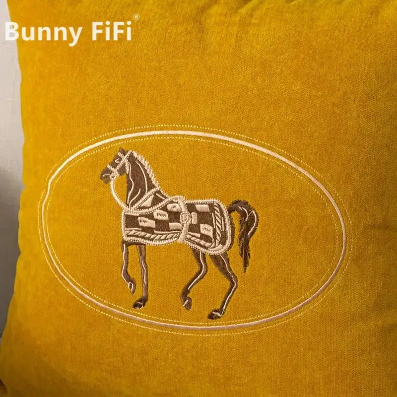 Cushion cover, mustard yellow, American hand-embroidered horse design inside an oval frame; Simples Market, 45x45 cm