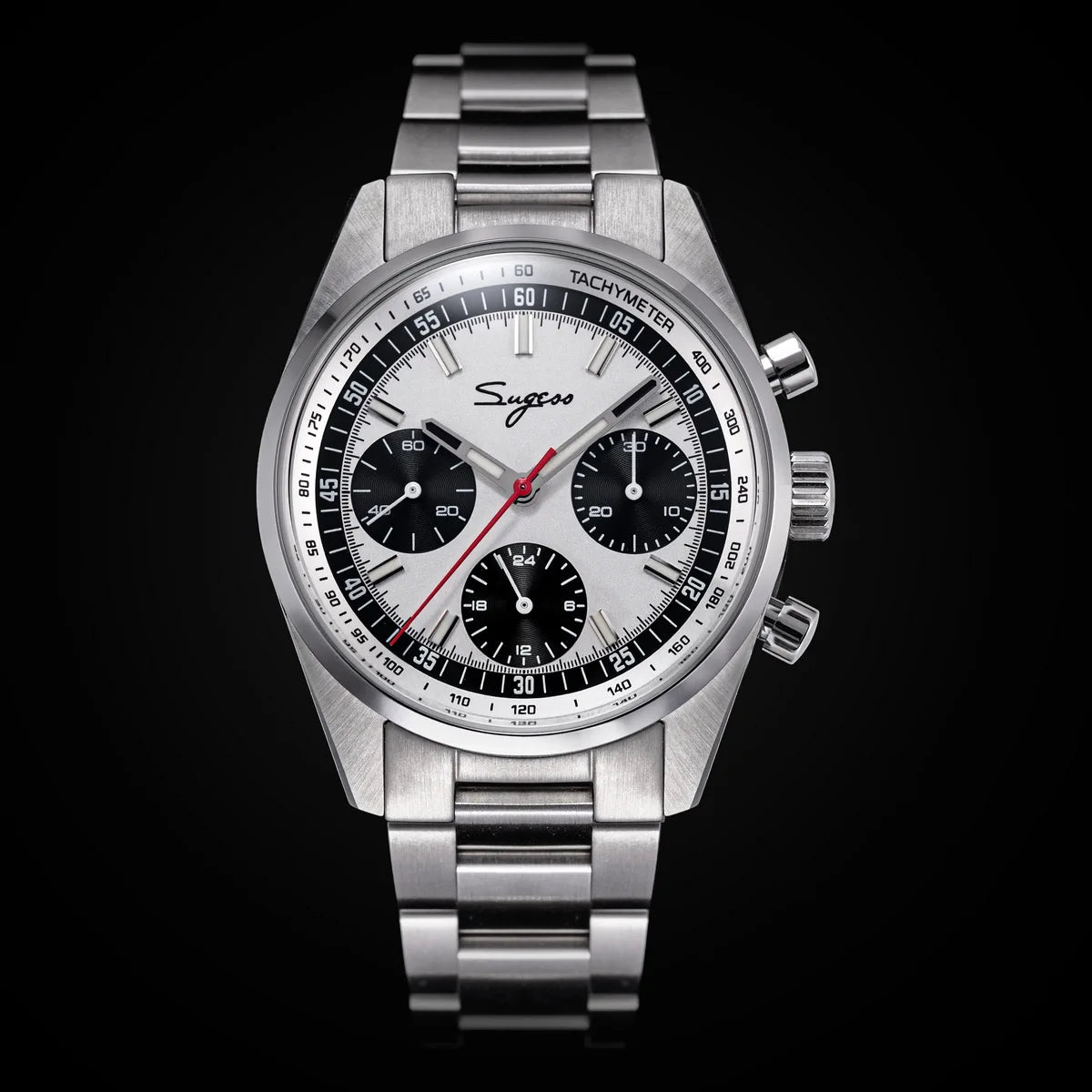 Sugess men's 38mm chronograph watch, stainless steel bracelet, silver roulette dial.