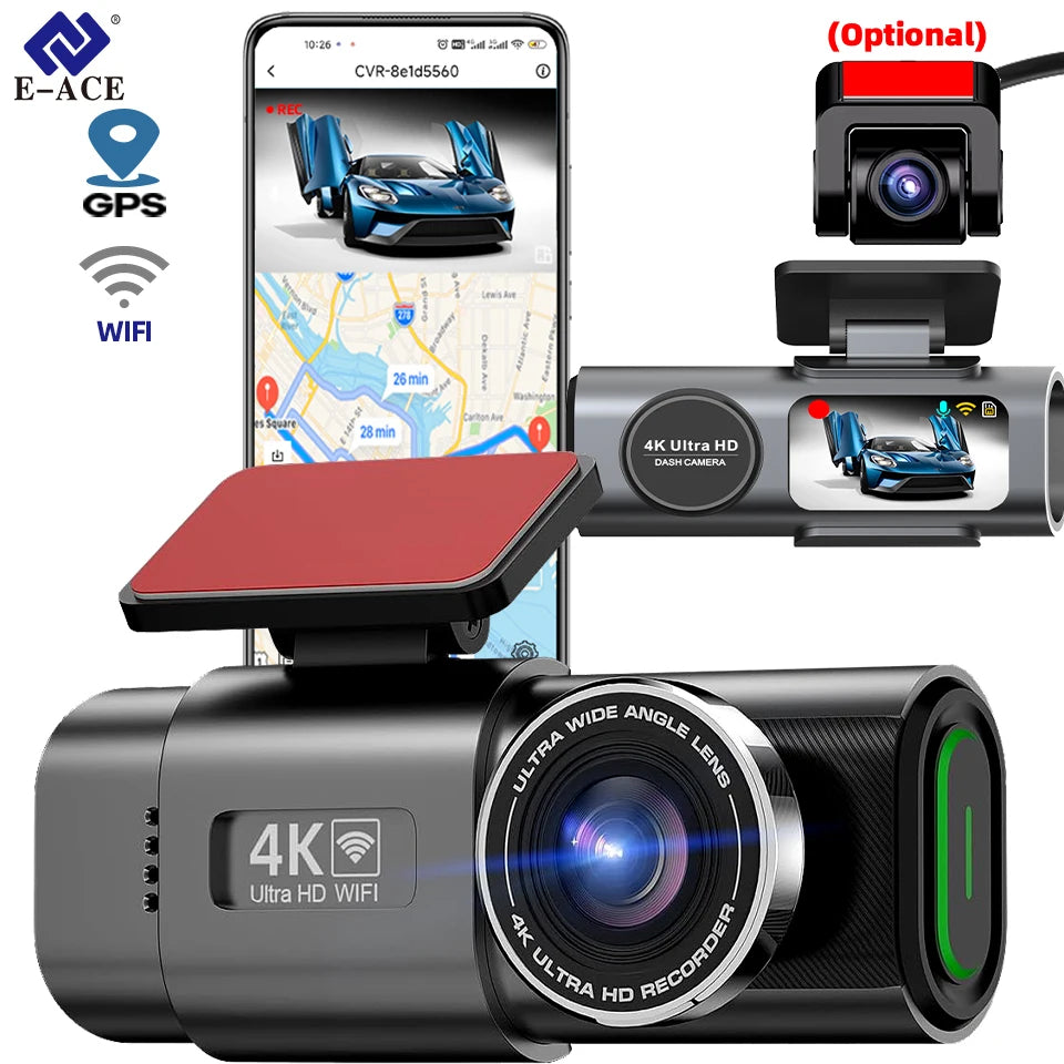 Dash Cam 4K GPS WIFI with optional rear lens, black Simples Market brand E-ACE logo visible