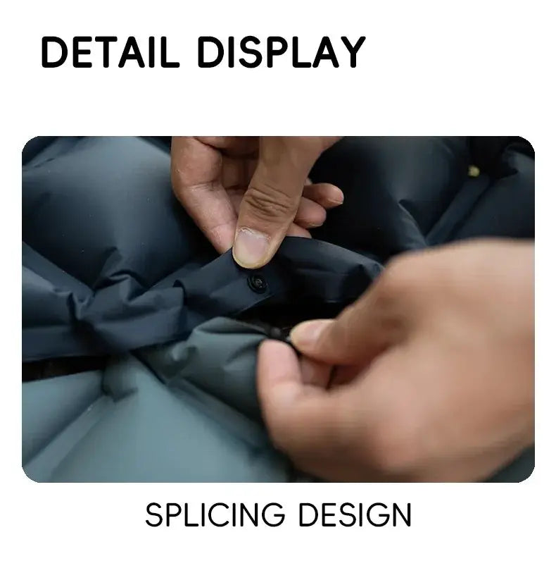 TARKA inflatable camping mat close-up in dark blue fabric, highlighting splicing design.