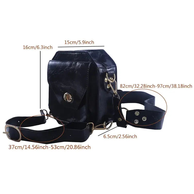 Punk Retro PU waist bag by Simples Market, black small square hip pack with adjustable crossbody strap