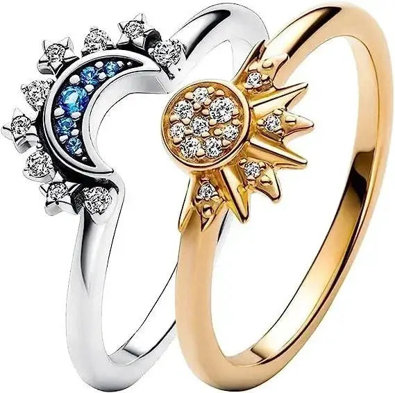 New Celestial Blue Sparkling Moon Sun Star Crystal Ring for Women Fashion Elegant Stackable Band Jewelry Gifts