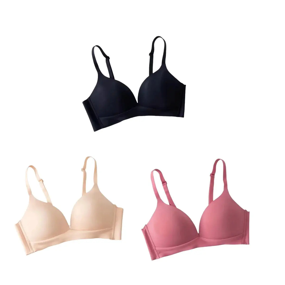 4-piece set of seamless non-wire push-up bras for women in black, cream, nude, and pink