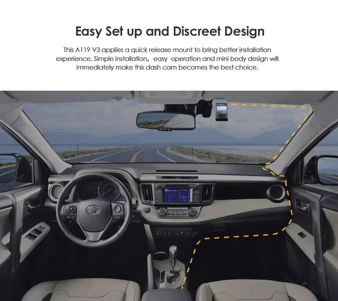 VIOFO A119 V3 2K dash camera mounted on car windshield with parking mode and G-sensor
