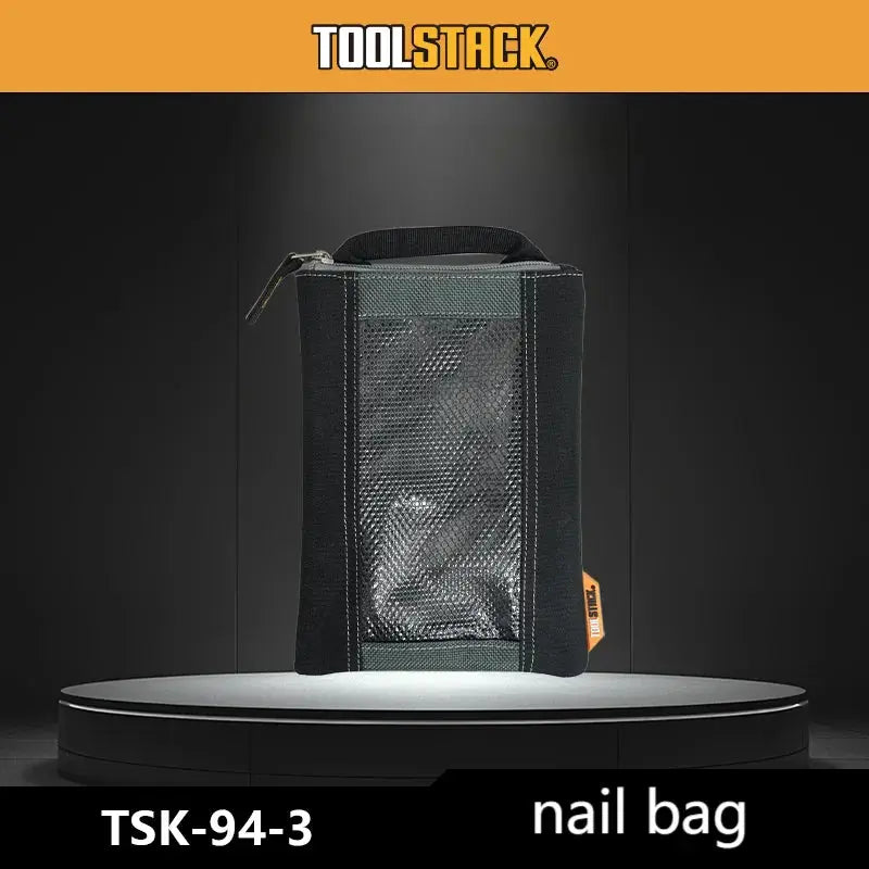 TOOLSTACK multifunctional nail pouch; black waterproof waist bag with mesh front panel
