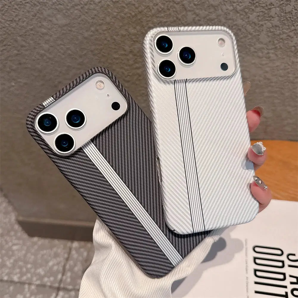 Kevlar Carbon Fibre PC hard case for iPhone 17–11; two shockproof bumper cases in dark and light gray with white stripe