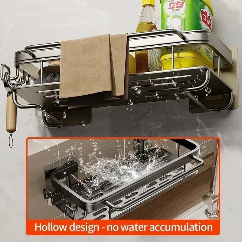 Stainless steel multi-functional kitchen shelf with drying rack and mop storage, no-drill wall mount