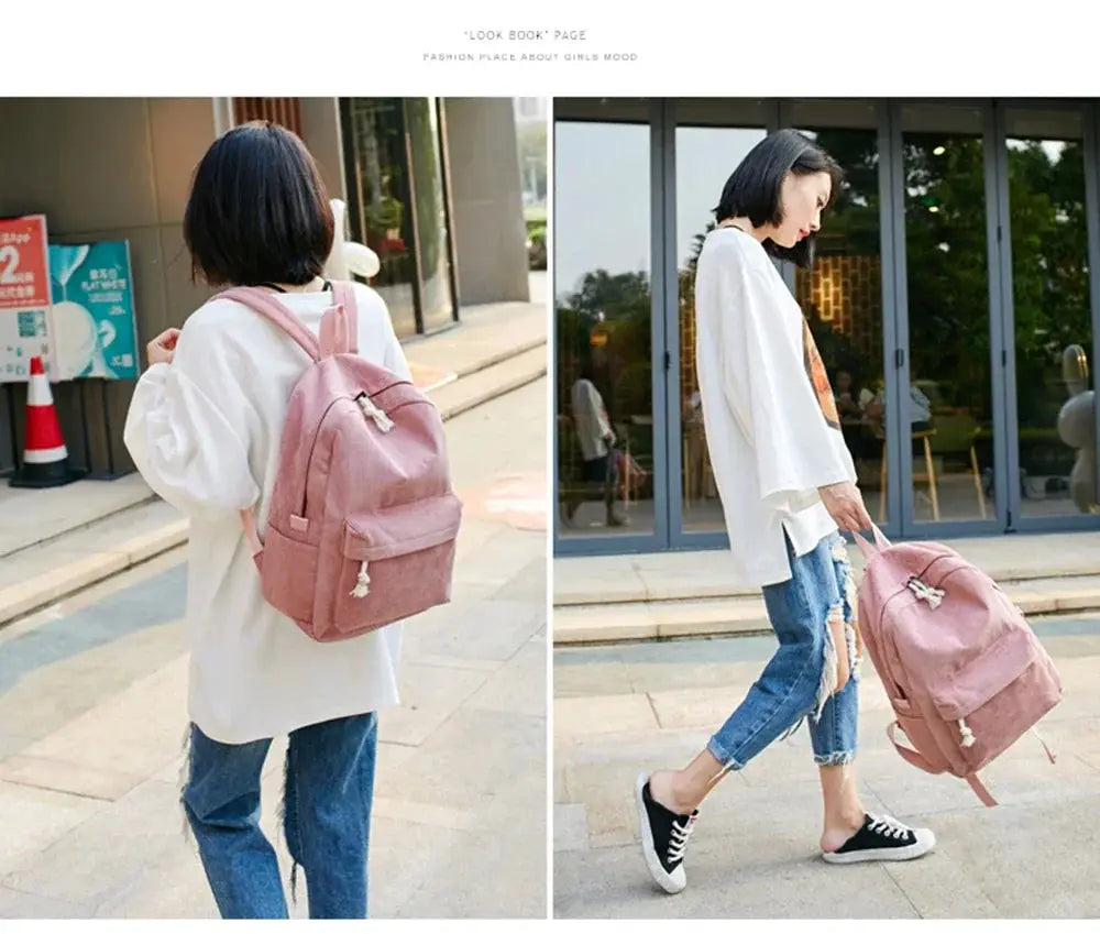 Corduroy student backpack by Simples Market, pink anti-theft campus bag for teens, unisex knapsack.