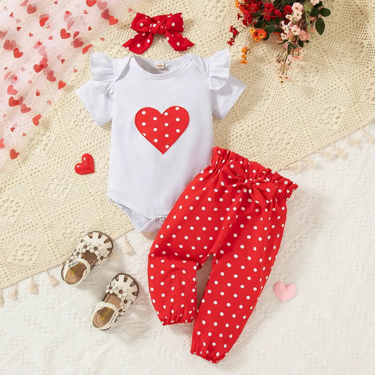 3 Piece Newborn Baby Girl Clothes Set Love Heart Long Sleeve Romper Pant Headband Fashion Outfit For 0 To 18 Months