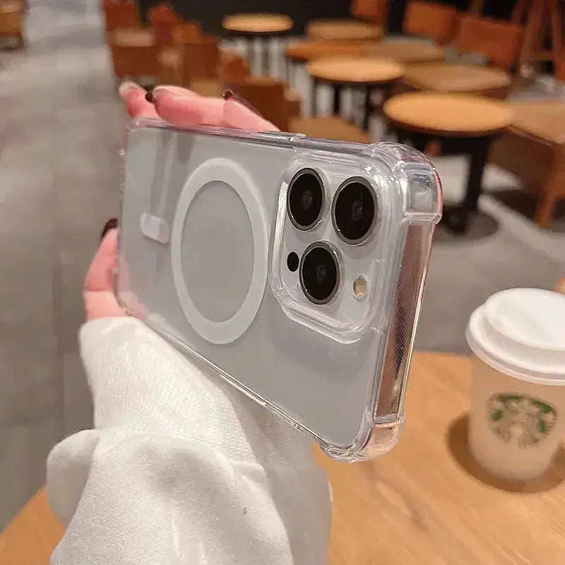 Simples Market clear MagSafe iPhone case with circular magnetic charger pad on back, shockproof soft bumper.