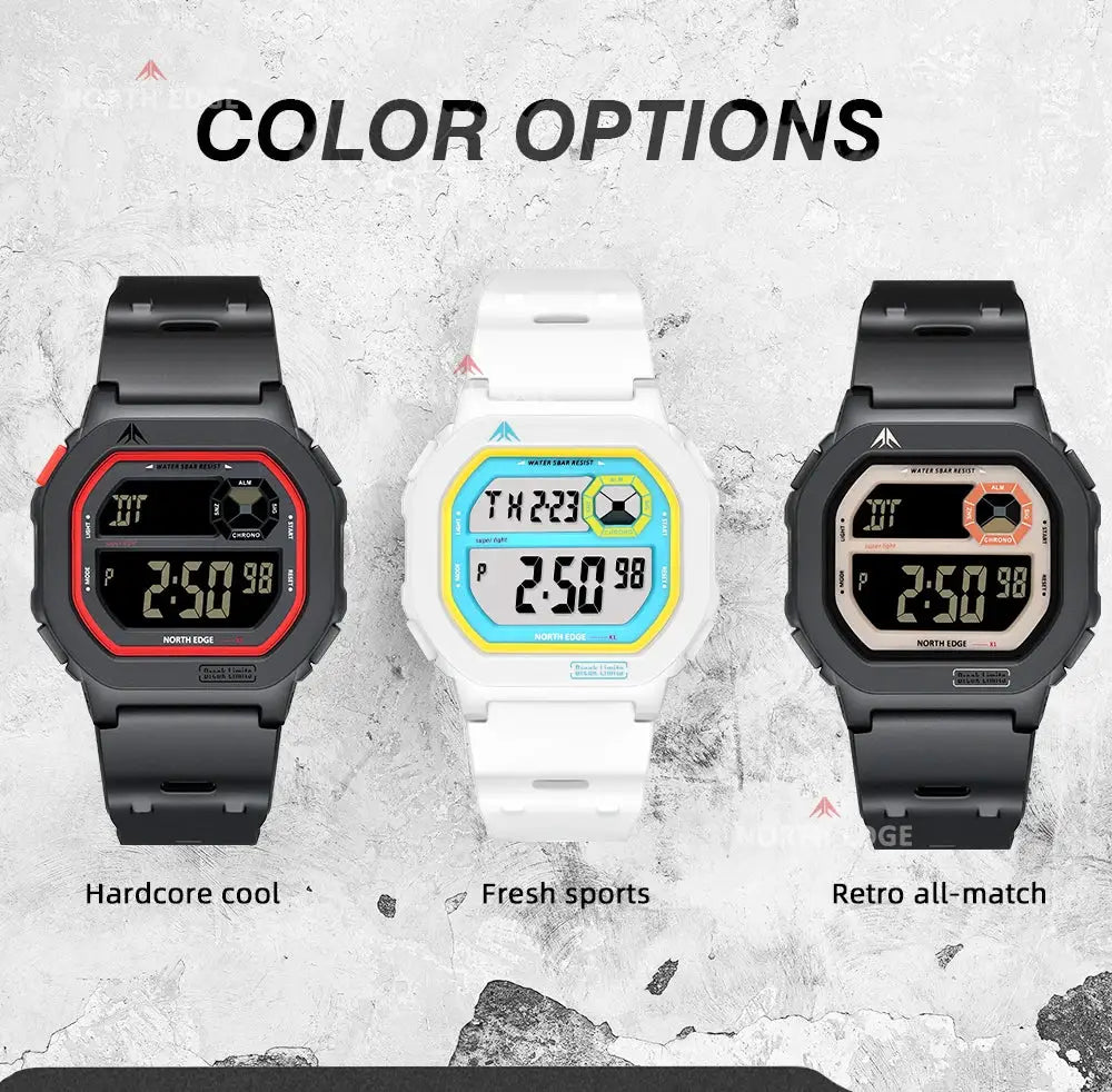 North Edge X1 square-screen digital watch by Simples Market in black, white, and black-beige color options