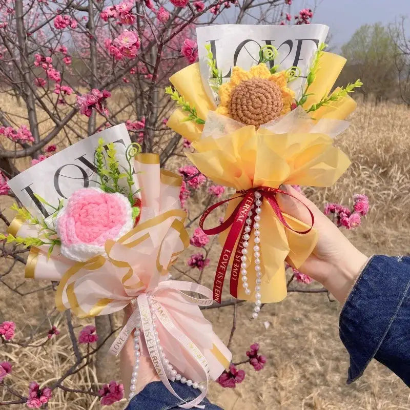 Two stuffed plant bouquets by Simples Market; pink and yellow handmade gifts with tissue wraps and pearl beads