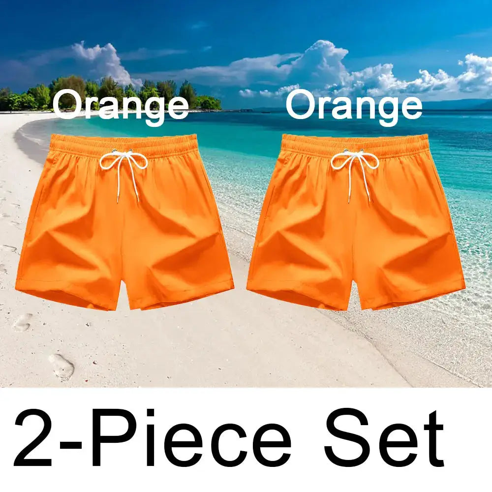 Men's orange swim shorts, 2-piece set with white drawstrings on sunny beach