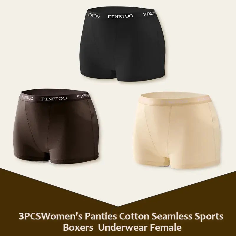 3-pack women's cotton seamless sports boxers underwear in black, brown and beige with Finetoo waistband