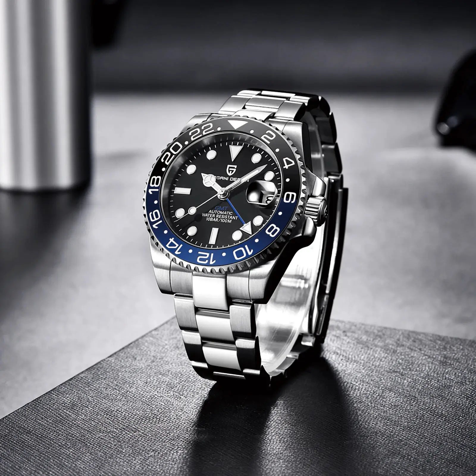 PAGANI DESIGN men's GMT automatic stainless steel watch with blue and black bezel and sapphire crystal
