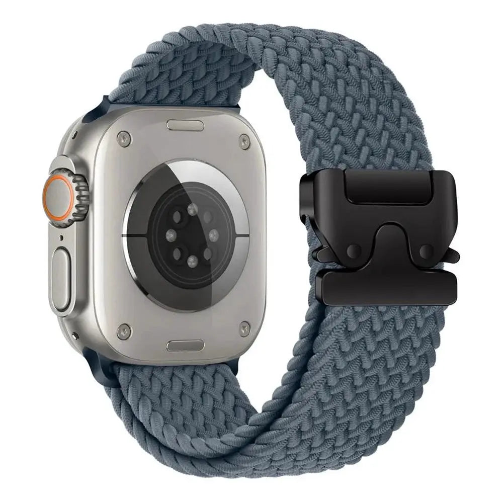 Parachute braided Apple Watch band, blue-gray strap with black buckle for 41–49mm watches.
