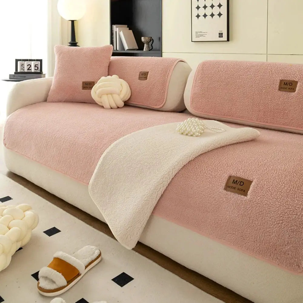 Solid Sherpa anti-slip sofa cover with PU label decor in pink on a living room couch