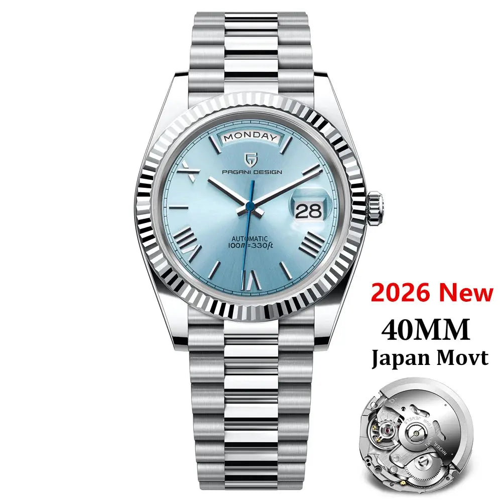 Pagani Design DD40 men's watch with blue dial, 40mm, stainless steel bracelet, day-date, automatic Japan movement