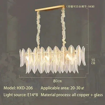 Glass leaf pendant chandelier with eight LED bulbs, Nordic designer lighting